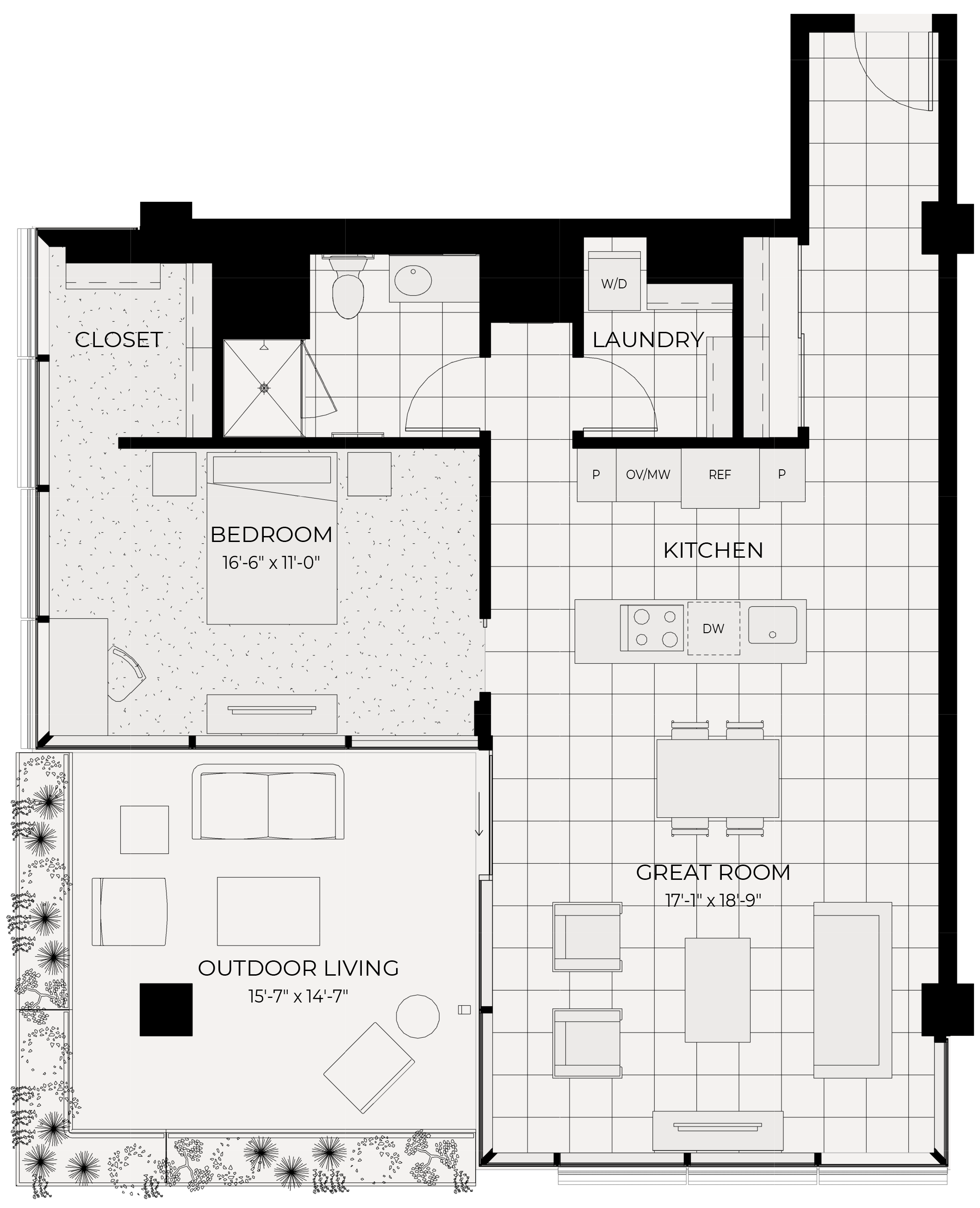 Floor plan for 1 bed, 1 bath, 1036 sqft